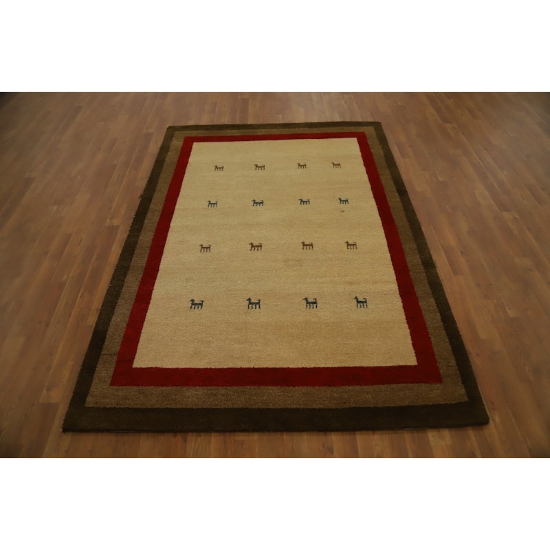 Hand Knotted Oriental 100% Wool Carpet Tribal Geometric Beige & Ivories Gabbeh Area Rug - 7' 0'' X 5' 0''