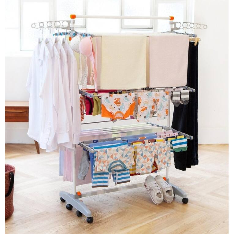 Foldable Rolling 3-Tier Drying Rack - Stainless Steel