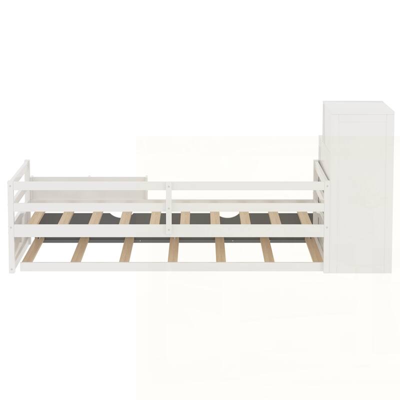 Wood Platform Bed with Sample Bookshelf and Movable Wardrobe