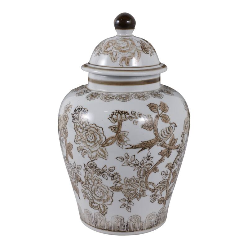Stoneware Jar Chinoiserie Floral Bird Design Home Office - 12" Brown