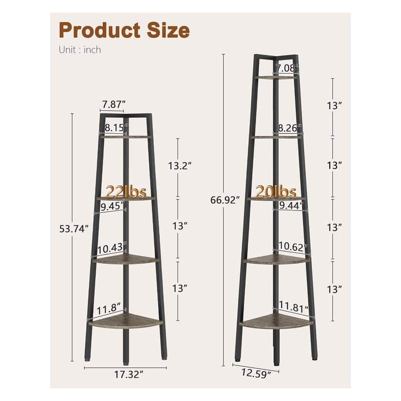 5-Tier Corner Bookshelf, Rustic Ladder Shelf
