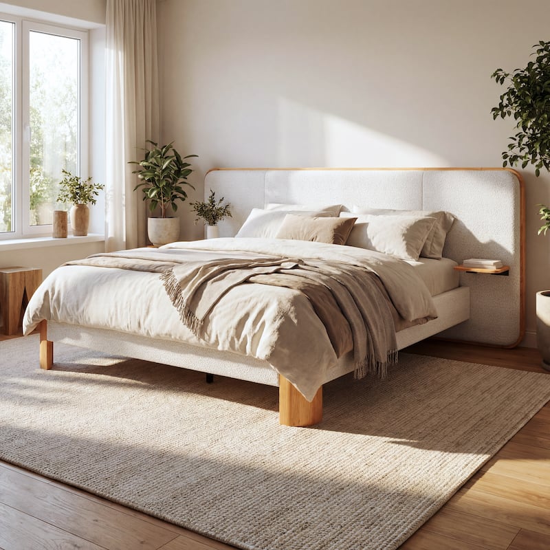 Christopher Knight Home - Modern Boucle Upholstered Platform Bed with Built-In Floating Shelves