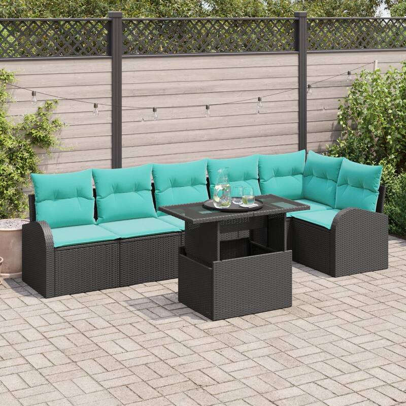 vidaXL 7 Piece Garden Sofa Set with Cushions Black Poly Rattan - 113.8×48.8×27.2