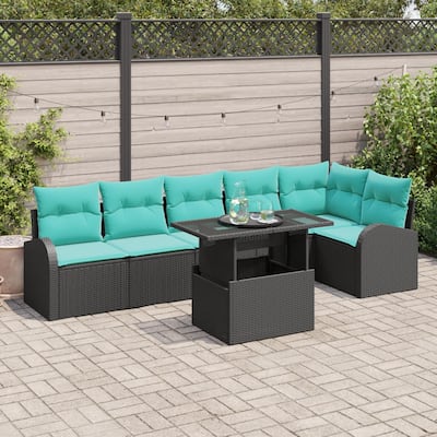 vidaXL 7 Piece Garden Sofa Set with Cushions Black Poly Rattan - 113.8×48.8×27.2