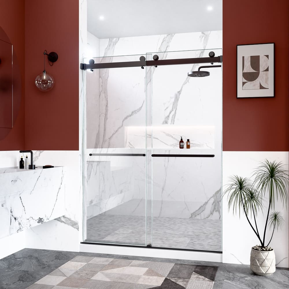 GDFStudio - Modern Minimalist Frameless Double Sliding Shower Door with 3/8" SGCC Tempered Glass & Stainless Steel Hardware