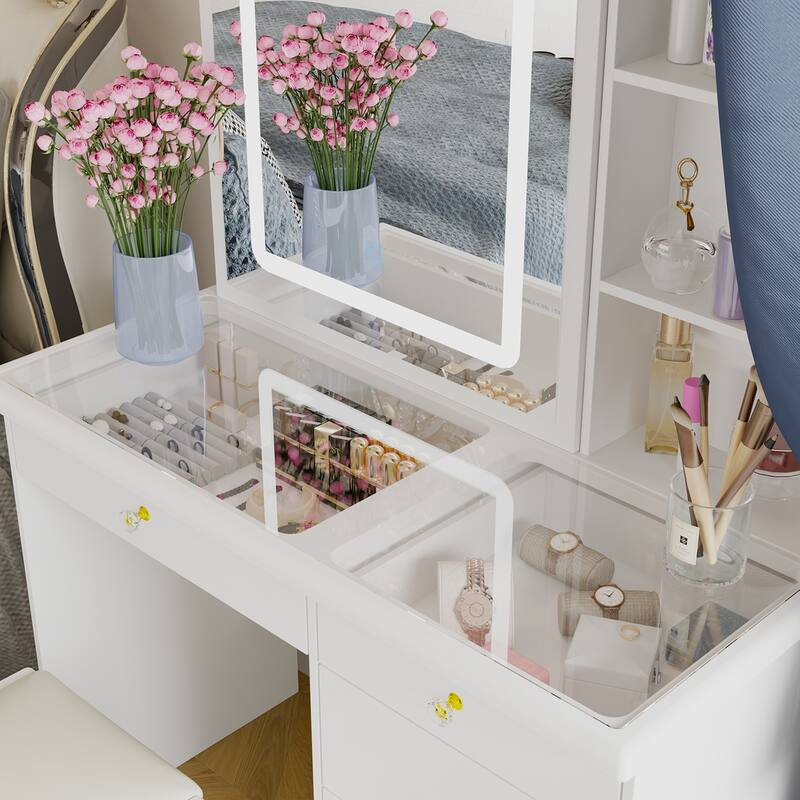 Vanity Desk Makeup Table Sliding Lighted Dressing Table Glass Top