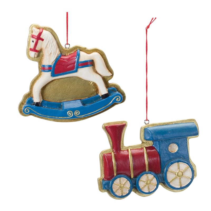 Rocking Horse and Toy Train Christmas Ornaments - 4" - Set of 12