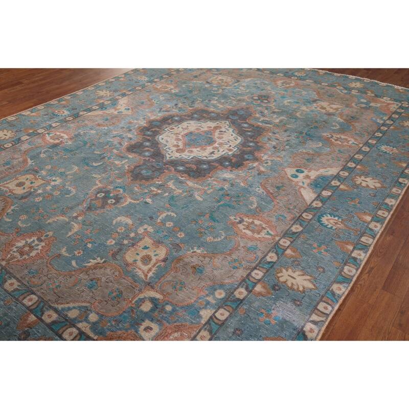 Distressed Blue Tabriz Persian Rug Handmade Wool Carpet - 8'1" x 10'11"