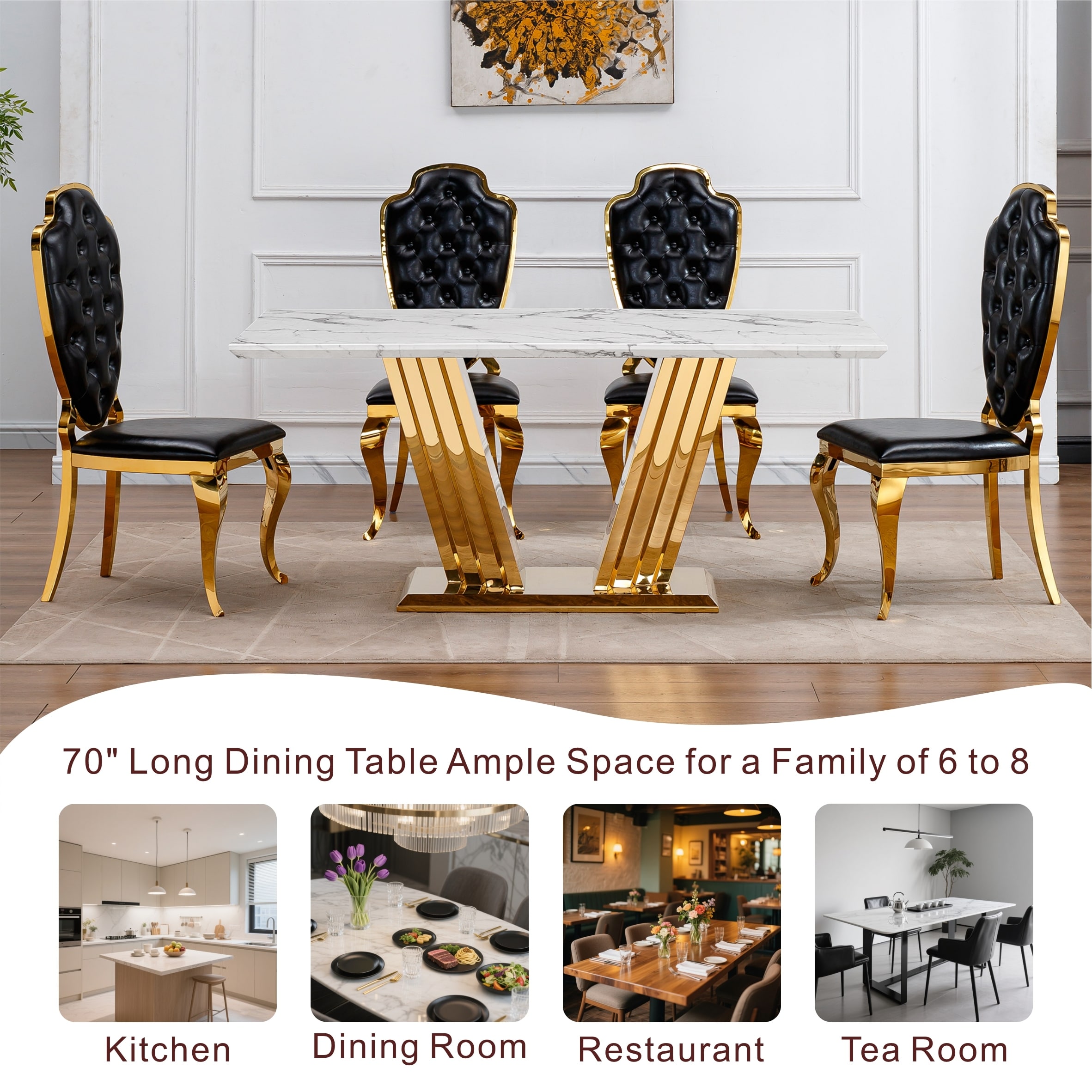 Large Rectangle Faux Marble Dining Table For Six With Mirrored Base