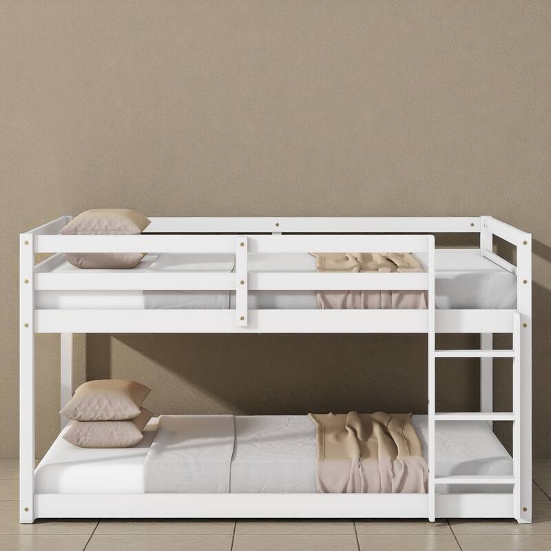 Solid Rubber Wood Twin Over Twin Floor Bunk Bed with Ladder, Low Height Design and Strengthened Slat Support - White - Twin