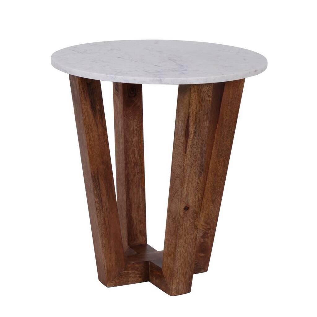 24 Inch Side End Table, Round White Marble Top, Brown Acacia Wood Frame