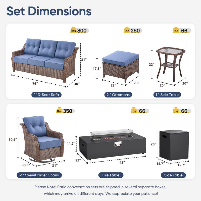 Pocassy 5/7PCS Sofa Swivel Chair Ottoman with Fire Pit Table
