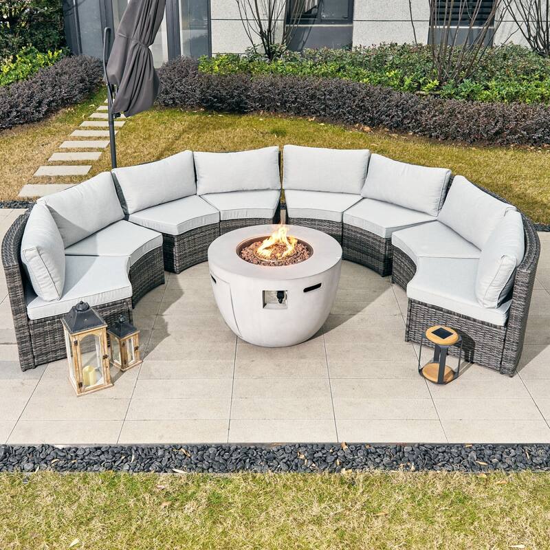 8-Seat Modular Patio PE Rattan Sofa Set with 50000BTU Terrafab Composite Fire Pit Table