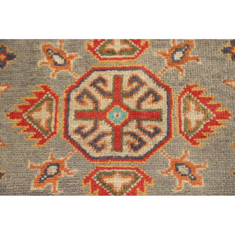 Geometric Kazak Foyer Rug Handmade Grey Wool Carpet - 2'8" x 4'0"