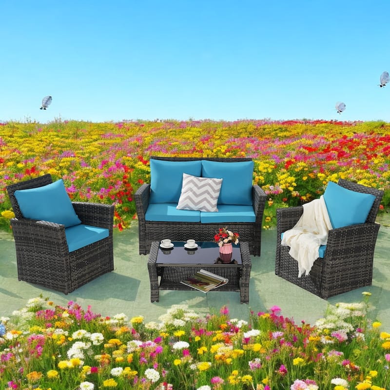4-Piece Outdoor Patio Furniture Set, Garden Wicker Sofa with Poolside Lawn Chairs, Red Cushions, All-Weather Modular Design - Light Blue