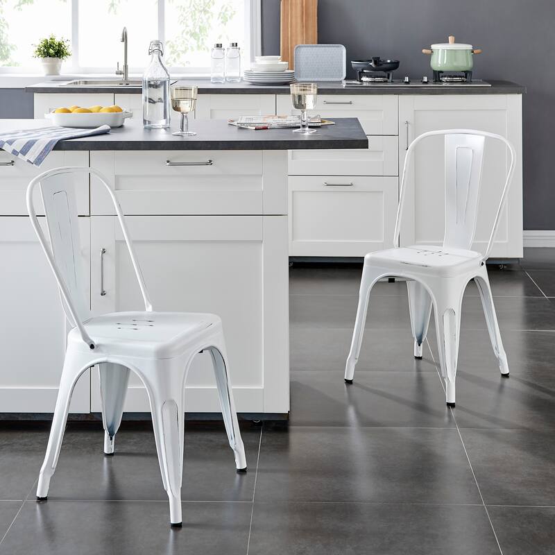 Modern Metal Dining Room Kitchen Bar Chair Set - Set of 2 - Distressed Matte White
