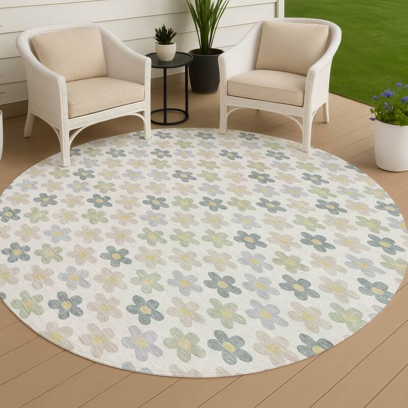 Machine Washable Indoor/ Outdoor Floral Kechi Chantille Rug - Ivory - 8' x 8'