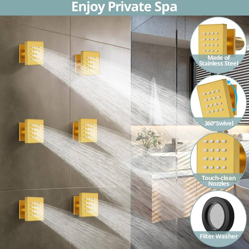 64 LED Thermostatic Shower Faucet 22"x15" Rainfall & Waterfall Shower System 5 Way Digital Display Valve w/ 6 Body Jets