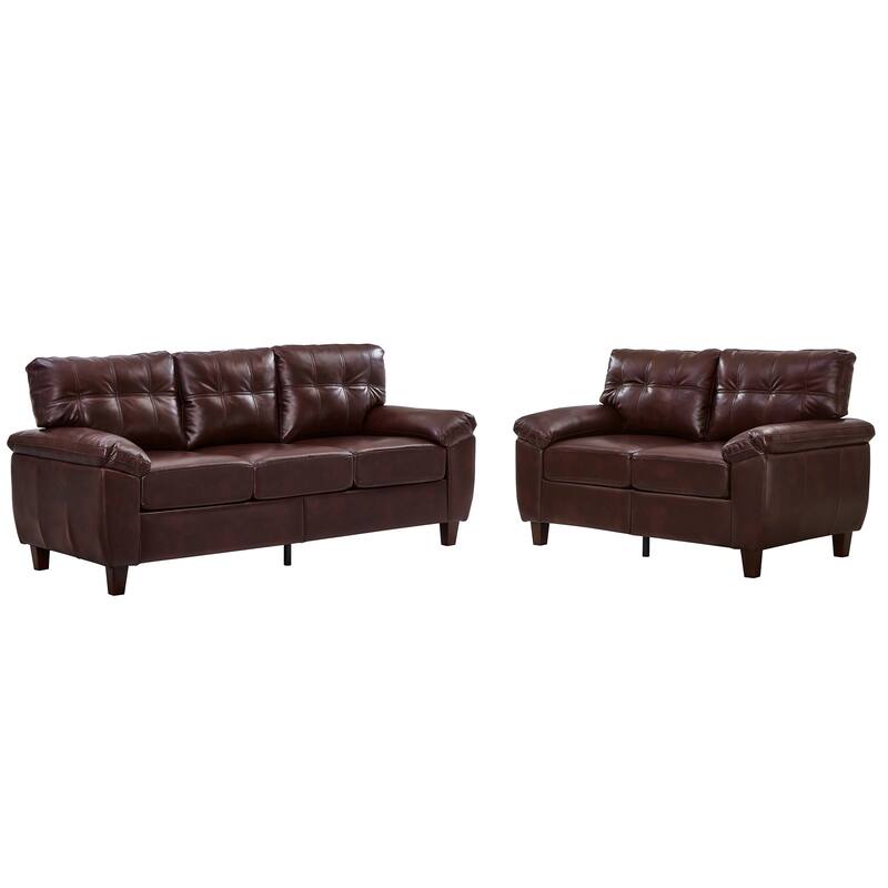 Faux Leather Upholstered Sofa Set of 2 with Loveseat and 3 Seater Couch, Breathable PU Leather Sofa with Storage and Big Armrest