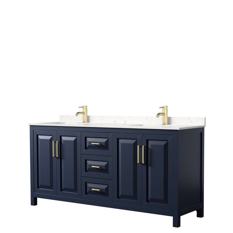 Daria 72 Inch Double Vanity, Cultured Marble Top - Dark Blue, Gold Trim, Carrara Cultured Marble Top