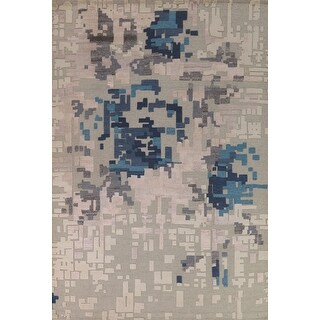 Modern Abstract Indian Area Rug Hand-knotted Green Wool Carpet - 8'1" x 9'10"