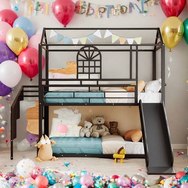 slide 2 of 16, Twin Over Twin Metal Bunk Bed,Metal Housebed with Slide and Storage Stair,Black with Red Slide Black