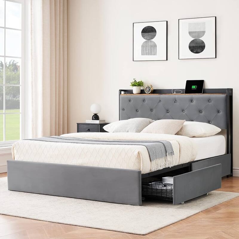 Queen Grey Bed Frame with 4 Storage Drawers and Charging Station,with Storage Headboard