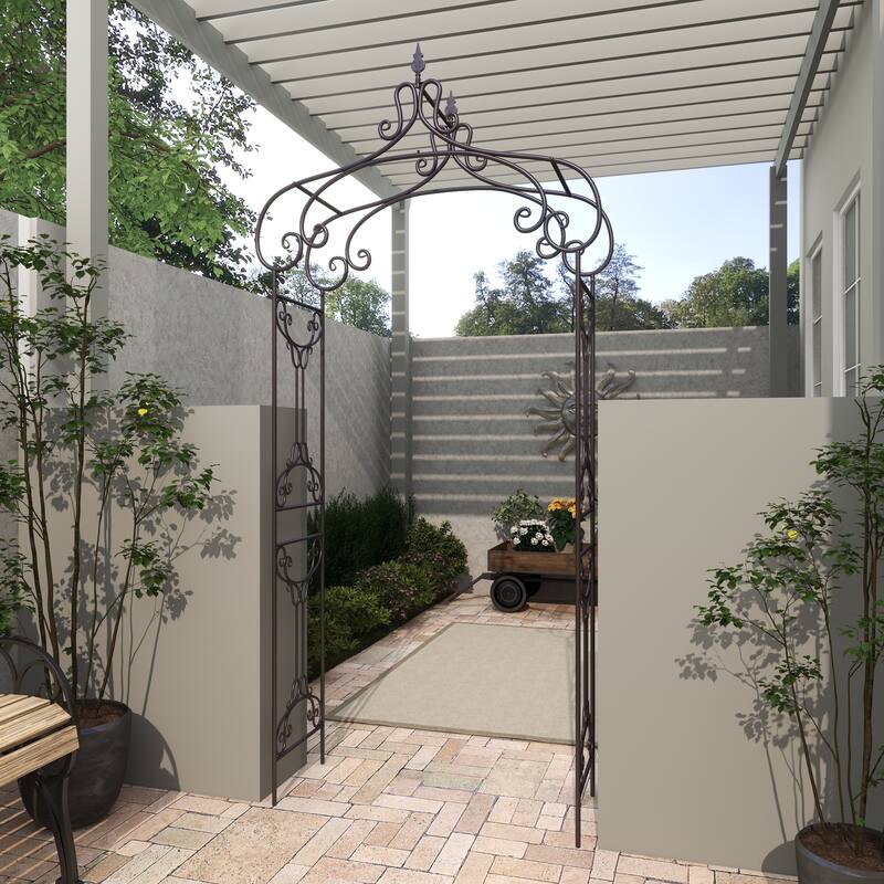 Black Metal Indoor Outdoor Scrollwork Arched Fleur De Lis Garden Arbor