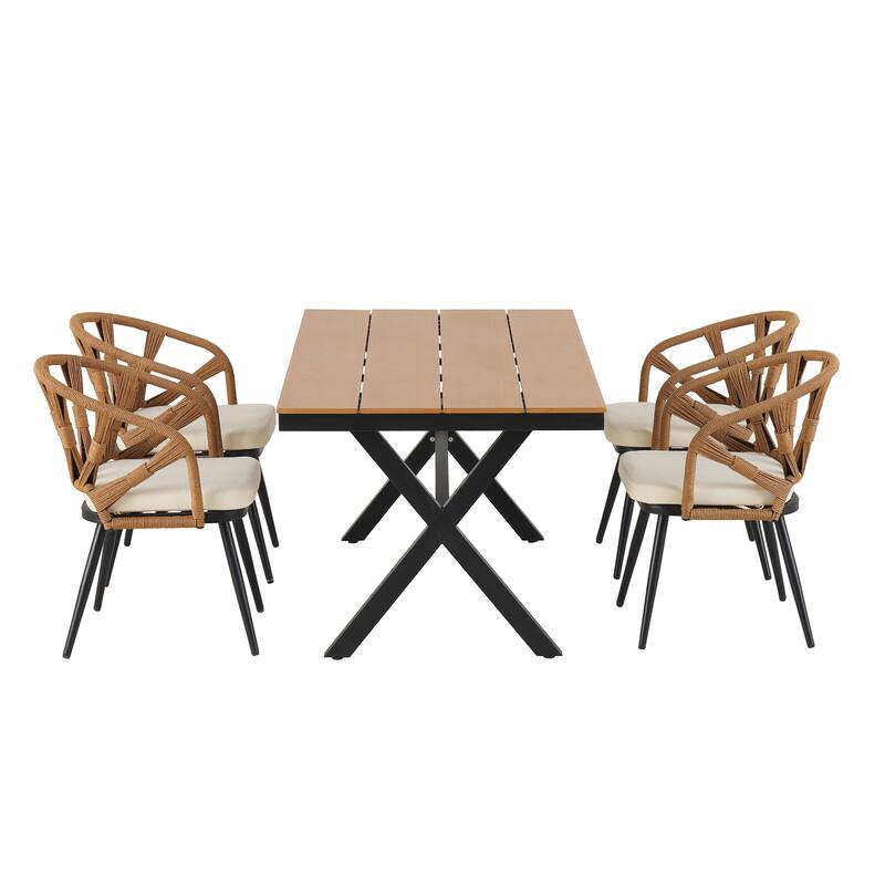 5 Pcs Outdoor Dining Table and Chairs Set, Patio Furniture Sets with PE Rattan Chairs and Rectangular Wood Table