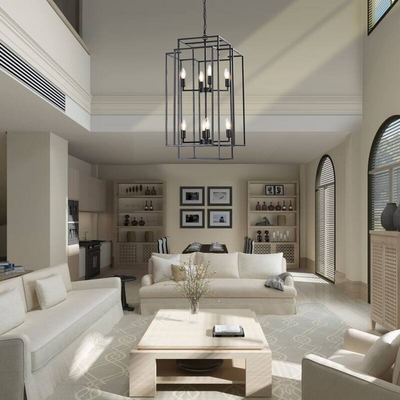 8-Lights Black Lantern Tiered Pendant Light Fixtures, Industrial Farmhouse Hanging Chandelier (No Bulbs)