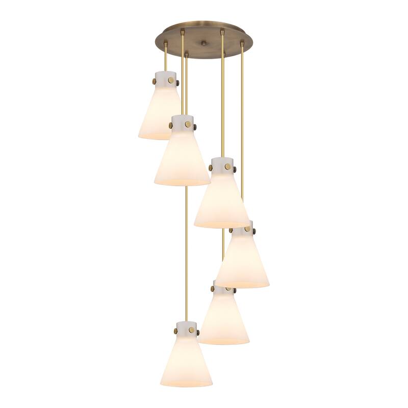 Innovations Lighting Newton Cone - 6 Light 8" Cord Hung Multi Pendant - 14" Canopy - Brushed Brass/White
