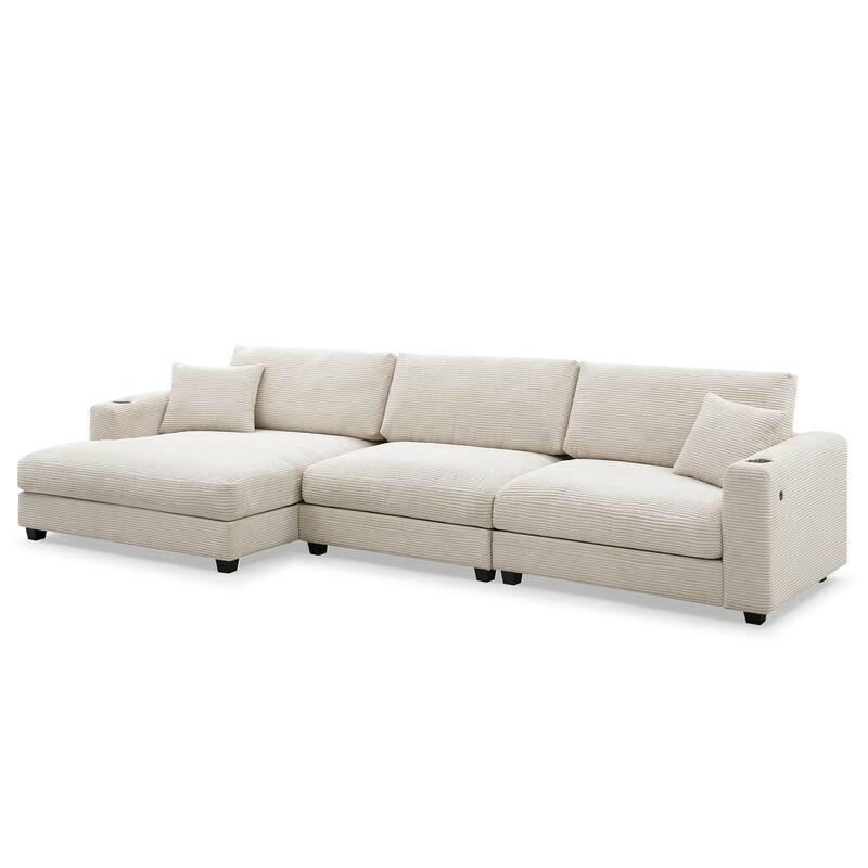 134" Corduroy Sectional Sofa with USB & 50" Chaise