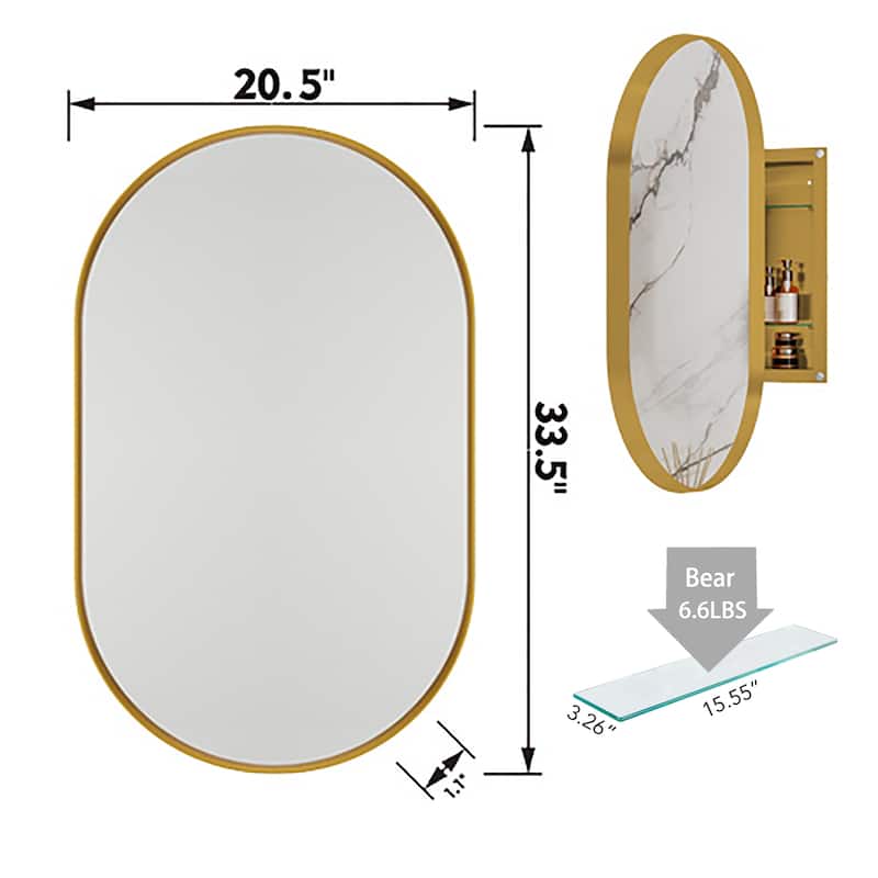 Oval Recessed Medicine Cabinet,Metal Framed Bathroom Wall Cabinet with Mirror and Adjustable Shelves,Wall Mirror with Storage