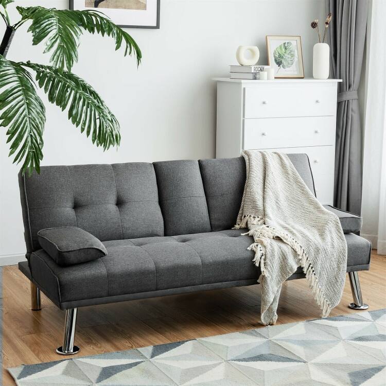 Convertible Folding Futon Sofa Bed Fabric with 2 Cup Holders - 66" x 31.5" x 29.5"