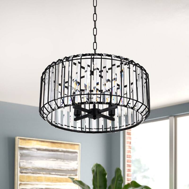 4-light Elegant Crystal - Adorned Black Drum Chandelier - Matte Black