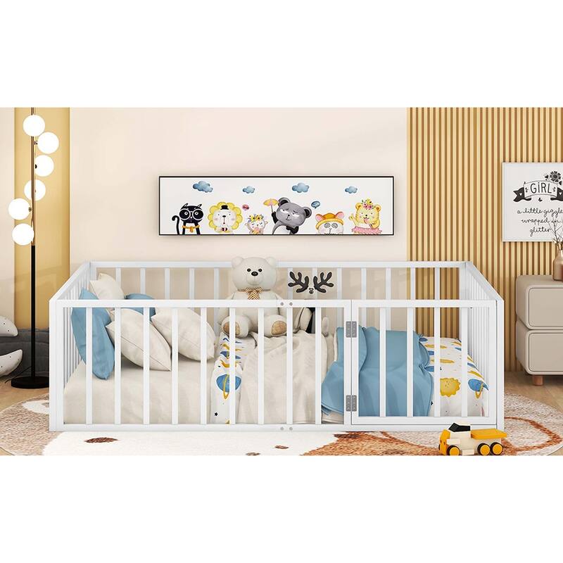 Metal Floor Bed Frame with Fence & Door