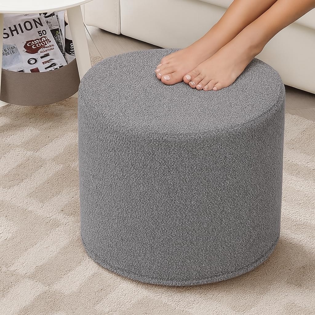 Round Pouf Ottoman, Soft Boucle Footstool for Living Room, Comfortable Sponge-Stuffed Rest (Grey, 17.1" D x 17.1" W x 14" H)