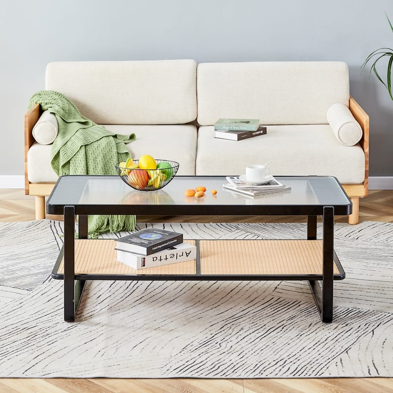 Double layer black solid wood imitation rattan coffee table with a Chinese style side table with craft glass tabletop