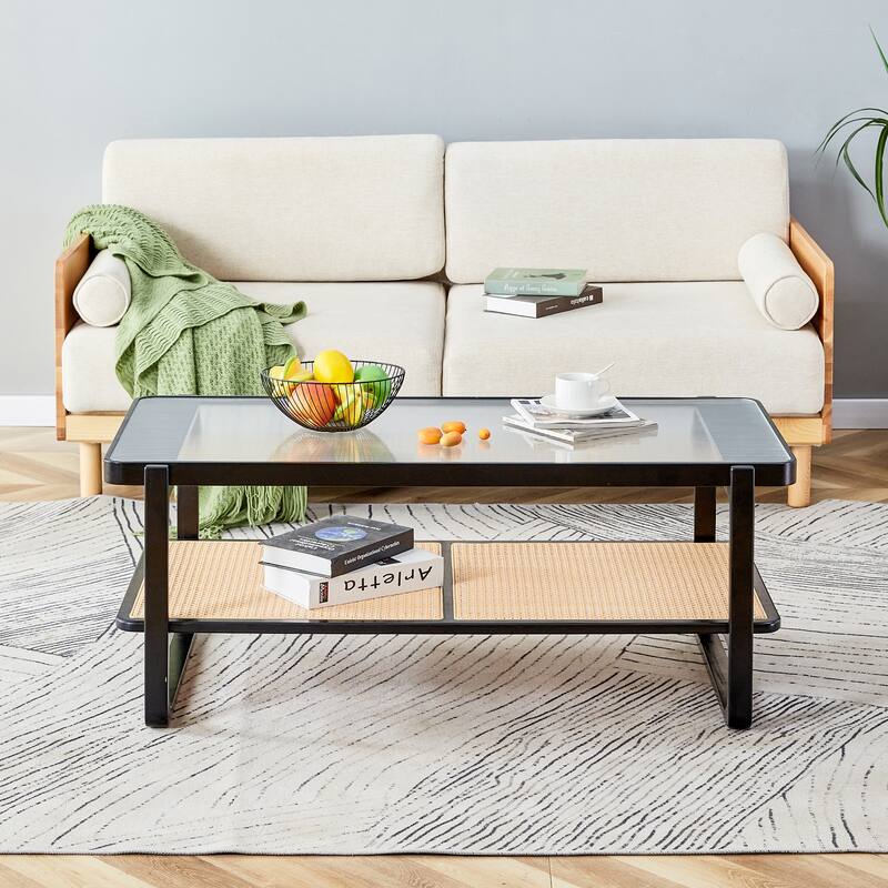 Coffee Table Solid Wood End Table Imitation Rattan Center Table