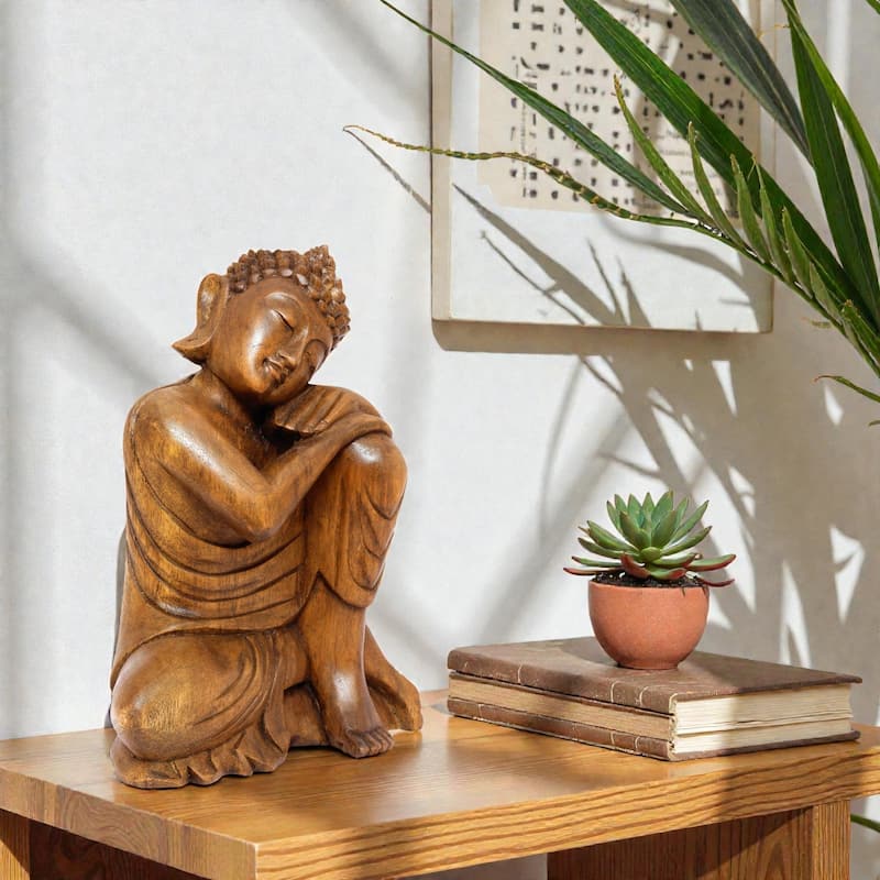 Wooden Serene Sleeping Resting Buddha Statue Hand Carved Figurine Sculpture Home Decor 