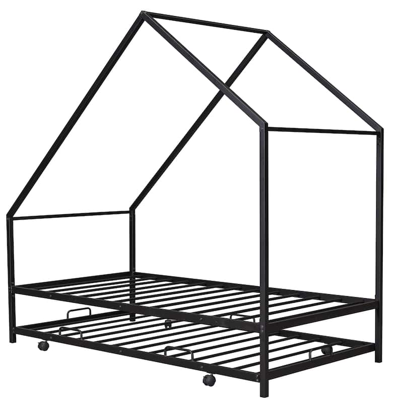 Metal House Bed With Trundle, Twin Size House Bed - Black