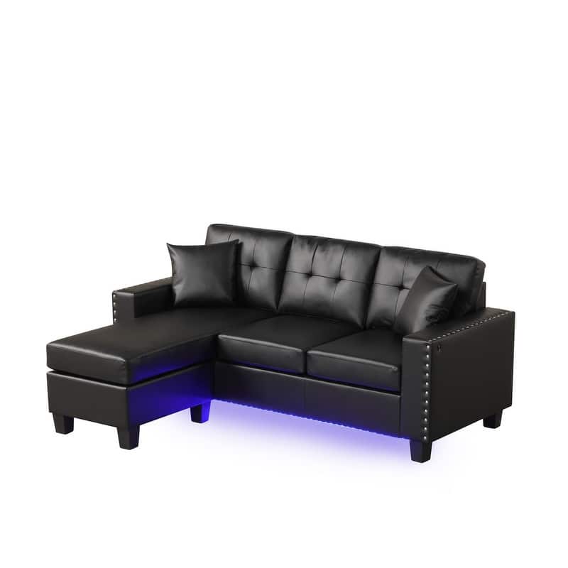 Sorenza 74"W Black PVC Reversible Sectional Sofa Chaise with LED Light, USB Port, Nailhead Trim, Throw Pillows, Tufted Cushion