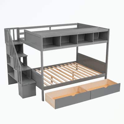 Twin over Full Bunk Bed with Shelfs, Storage Staircase and 2 Drawers