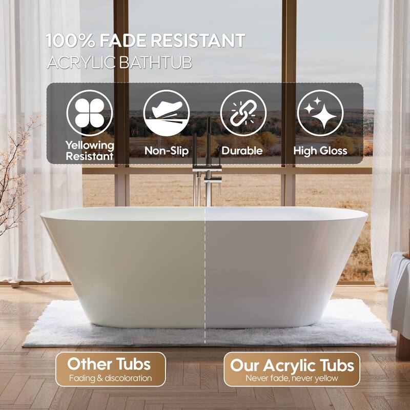 Glossy White Freestanding Soaking Bathtub, 100% Pure Virgin Acrylic with Drain And Overflow