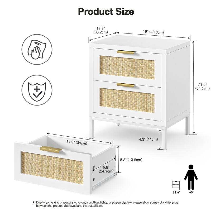 Anmytek Modern 2-Drawer Rattan White Nightstand Sofa End Table with Storage for Bedroom