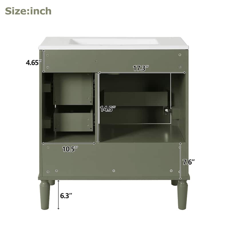 30inch Bathroom Vanity with Ceramic Sink, Soft-Close Door & 3 Drawers