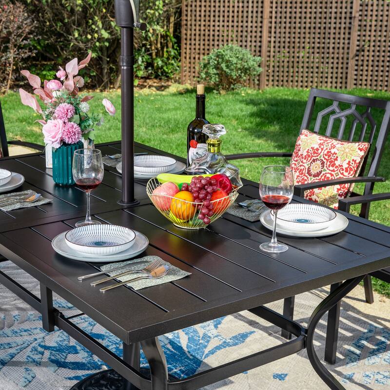MAISON ARTS Patio Dining Set with 4/6*Metal Outdoor Chairs, Metal Square Dining Table and 10/13ft Patio Umbrella