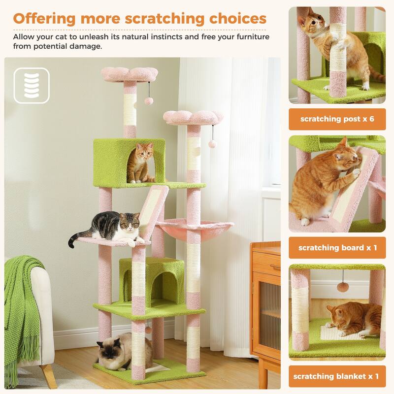 Multi-Level Indoor Large Cat Tree Scratching Post with 2 Perches, 2 Condos, Hammock and 2 Pompoms