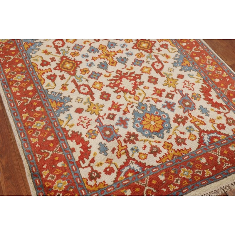 Beige / Ivory Oushak Oriental Accent Rug Hand-Knotted Wool Carpet - 4'0" X 5'11"