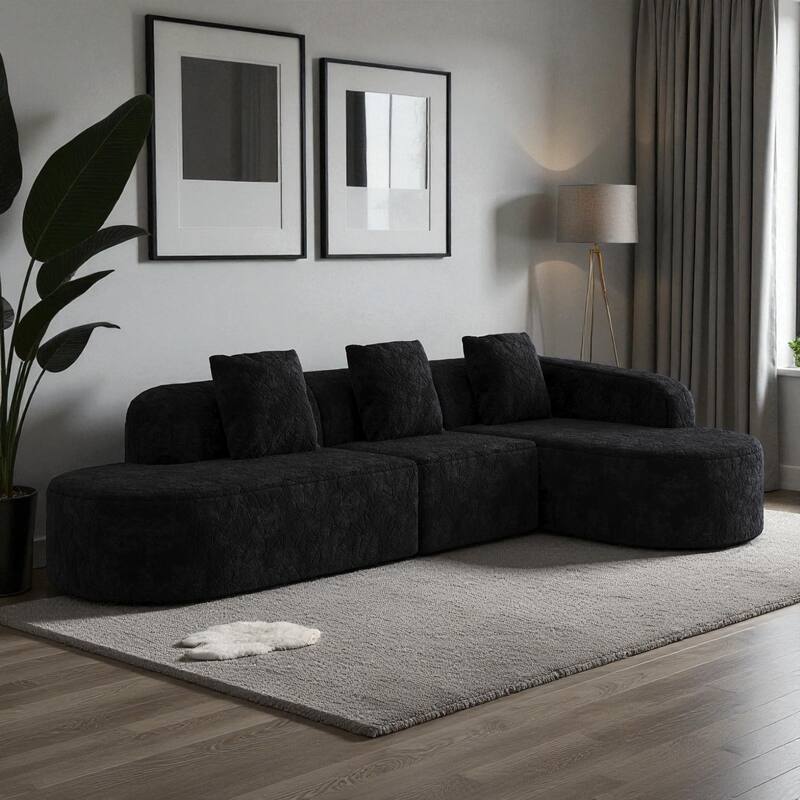 111.8" Curved L-Shaped Modular Sofa with Lychee-Textured Long-Pile Polyester Fabric and 3 Pillows for Living Room